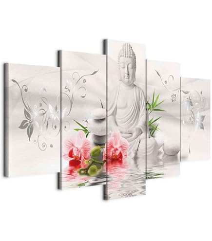 Tableau Toile 5 Pièces Motif Bouddha - 160x80cm - Prêt à Accrocher