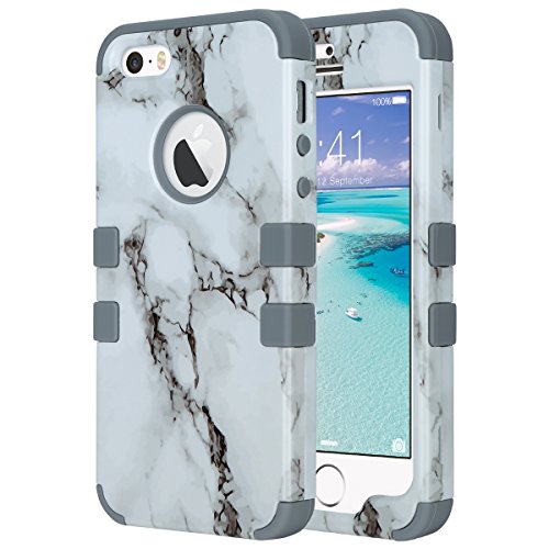 Coque iPhone 5S, ULAK iPhone SE Coque Housse de Protection Anti-choc Matériaux Hybrides en Silicone Souple et PC dur Coque pour Apple iPhone 5 5S SE (Marbre + Gris)