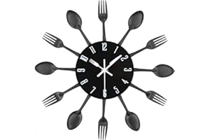 Timelike Utensili da cucina in acciaio inox, orologio da parete con forchette colorate, cucchiaio, design spatola, orologio da cucina, per interni ed esterni, 12,6 pollici, nero