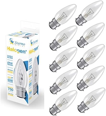 20 x Starmo 48w = 60w BC/B22 Candle Long Life Clear Eco Halogen Light Bulbs Dimmable Energy Saving 750 Lumens