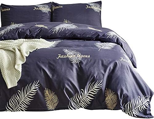 AShanlan Navy Double Duvet Cover & Quilt Cover Set Tropical Floral/Leaves Pattern Bedding Sets,2 Pillowcases 50x75cm (Double-200x200cm,SJT-167)