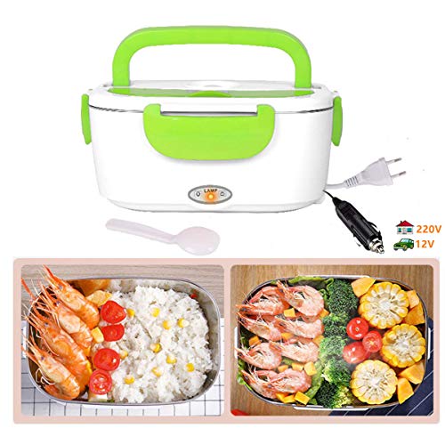 YOOUOOK Fiambrera Eléctrica,Fiambreras Bento,Comida Térmico Lunch Box, Calentador de Comida Electrico con Bandeja Extraíble de Acero Inoxidable-12V/220V 40W(2 en 1 para Coche y Trabajo) (Verde)