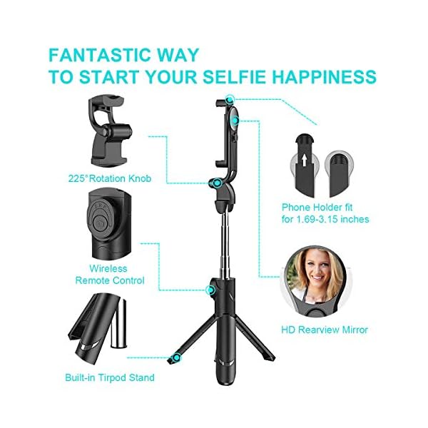 Bluetooth Selfie Stick Stativ Avaspot 3 in 1 Selfiestick mit drahtloser Fernauslöser und Handy Erweiterbarer Selfie Stange Stab 360°Rotation für iPhone X XS XR 8 7 Plus 6s Android Huawei Samsung – Bild 3