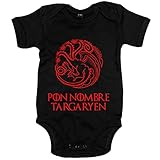 100% algodón Body bebé Juego de Tronos personalizable Pon Tu Nombre ejemplo Juan Targaryen - Negro, 6-12 meses
