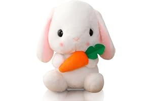 Firecos Jouet en Peluche de Lapin Animaux en Peluche Mignonne Poupée Oreiller Doux pour Canapé Décoration Cadeau d'anniversaire Pâques (Blanc avec Carotte, 43cm)