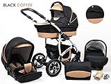  Kinderwagen Largo, 3 in 1- Set Wanne Buggy Babyschale Autositz (Black Coffe)