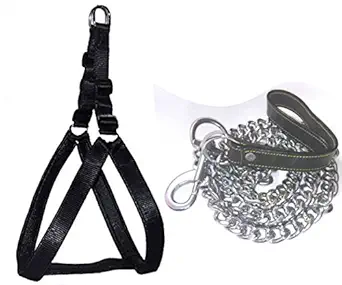 Skora Nylon Padded Black adjustable Dog Harness & Dog Leather handle Leash Chain 1.25 Inch for Large Pet (Chest Size : 33-42)