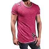 VEMOW Sommer Männer Mode Lässig Im Freien Datum Loch Runde Kragen Tees Hemd Kurzarm T-Shirt Bluse Pullover Pulli(Hot pink, EU-56/CN-3XL)