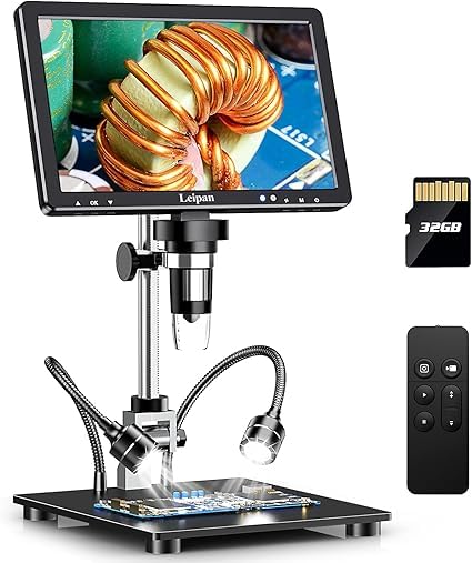 LEROKAS DM12 Digital Soldering Microscope 2000X, 10.1" Coin Microscope with 32GB TF Card, HDMI Microscope with 12 Lights