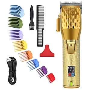 AUDOC Professional Hair Clippers for Men Cordless Stainless Steel Professional Hair Trimmer with 8 Colorful Guide Combs 2500mAh Li-Ion Battery Rechargeable Haircut Kit LED Display (Gold)