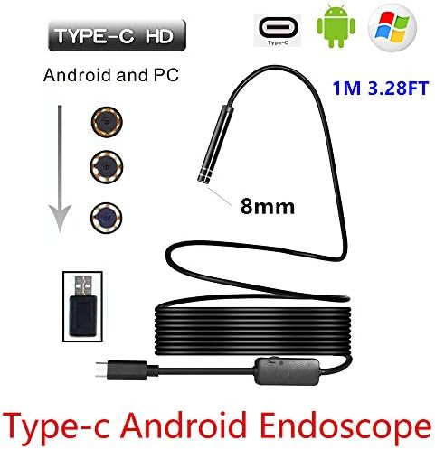 8mm 720P Megapixels HD Wireless 2in1 USB TYPE-C Endoscope Borescope, Waterproof Inspection Snake Camera for Android /MacBook OS with 8pcs LED Adjustable Brightness (1M 3.28FT)