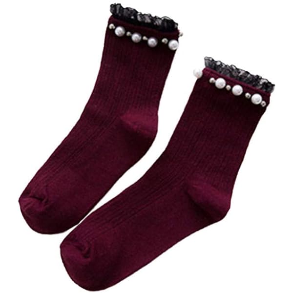Rüschen Socken Damen Schwarz - Japanische Spitze Mit Perlen Aus Baumwolle