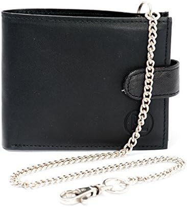 Mens Soft Black Smooth Leather Credit Card Wallet with Coin Pocket &amp; Security Chain