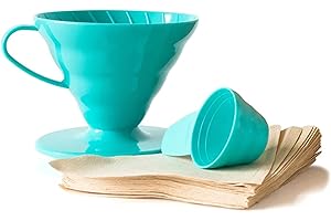 PACT COFFEE Hario V60 Teal Coffee Dripper Kit - Plastic V60 Size 02, 40 Unbleached Filter Papers & Measuring Scoop