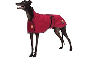Ginger Ted Waterproof Greyhound Whippet Lurcher Dog Coat - size 30"/76cm Cherry Red - for sighthounds & narrow build dogs, warm fleecy lining, reflective piping, jacket raincoat style