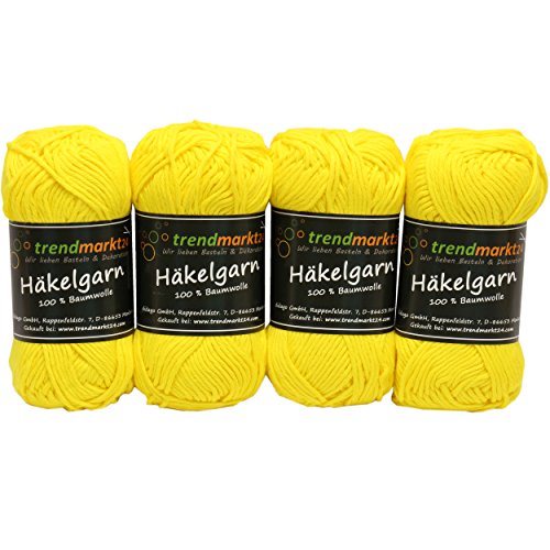 Häkelgarn in gelb, 4 Knäuel ✓ Topflappengarn aus 100% Baumwolle ✓ Baumwollgarn waschbar bis 60°C ✓ Lauflänge ca. 85 m ✓ 4 Baumwoll-Knäuel á 50g ✓ Schulgarn zum Häkeln / Stricken von Topflappen und Accessoires ✓ beliebtes Strickgarn für schöne Häkel-/ Strickergebnisse ✓ Nadelstärke: 3,5 ✓ Garnstärke Nm 14/8 | trendmarkt24 - 604449