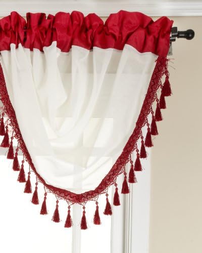 Stylemaster Soho Sheer Waterfall Valance with Faux Silk Band and Fringe, Crimson, 47 by 38-Inch