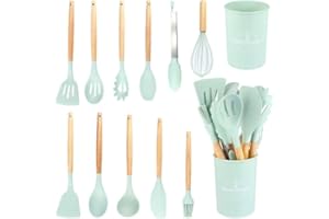 TINA&CO Juego de 12 Utensilios de Cocina de Silicona con Mango de Madera - Kit de Cocina Completo de Menaje, Antihaderente, Resistentes al calor y Duraderos (Verde Mint)