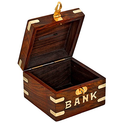 ShalinIndia Tirelire carrée en bois - Bank - Ouverture et fermeture facile - idée cadeau noel