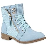  Stylische Damen Stiefeletten Worker Boots Knöchelhohe Stiefel Gesteppt Damen Leder-Optik Zipper Ketten Schuhe 146975 Hellblau 41 Flandell
