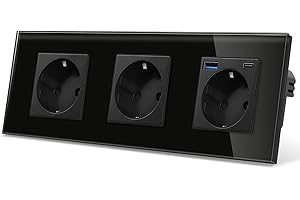 CNBINGO Potrójne szklane gniazdo wtykowe z 2 portami USB, 1 x (typ C i typ A szybkie ładowanie 20 W) – gniazdo wtykowe Schuko do zabudowy w kolorze czarnym – gniazdko ścienne ze szklaną ramą