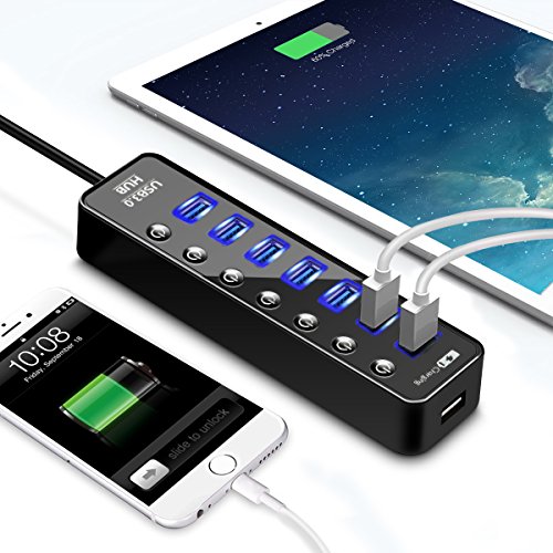 7 Port USB 3.0 Hub, ELEGIANT High Speed Switch USB 3.0 Datenhub 7 Port Hub Adapter Verteiler Datenübertragung Power mit 7 Schalter 5Gbps Data Transfer Ports Splitter AC Power Adapter with On/Off Switches für Win7/8/10 PC Mac Macbook Laptop Notebook Windows MAC iPhone, iPad, Samsung, Motorola, HTC und andere USB 3.0 kompatiblen Geräten (ohne Netzteil) - 3