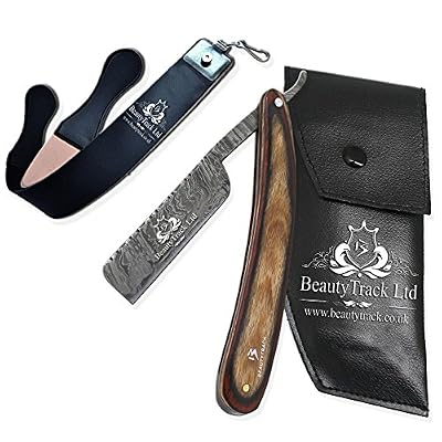 BeautyTrack Professionnel Coupe droite Gorge rasoir - Naturel Fait à la main Corne de Buffle - Barbier de Damas - Classic Salon traditionnel de rasage Shave - Rasoir - Ceinture en cuir