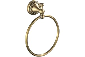 Flybath Round Towel Ring Antique Brass Exquisite Pattern Carving Hanger Hand Towel Holder for Bathroom Kitchen Accessories Wall Mounted, Brushed Brass