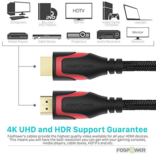 HDMI Kabel 1,8M/6ft, FosPower Nylon Geflochtenes Hochgeschwindigkeits-HDMI-Kabel [UHD 4K | 3D | Ethernet | Audio Rückkehr – Trifft den Neuesten Standard] Vergoldet für HDTV, Blu Ray Player, PC, Spielkonsolen (Schwarz / Rot) - 7