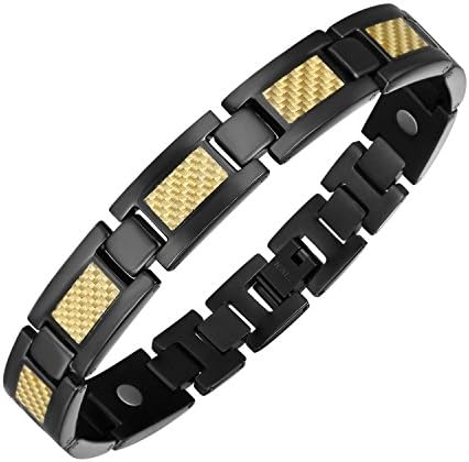 Health Black Titanium Magnetic Bracelet for Men Pain Relief with Gold Carbon Fiber and Fold Over Clasps by Moocare