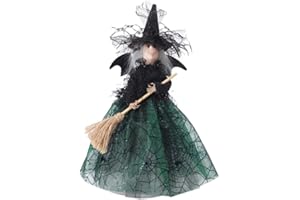 URMAGIC Halloween Witch Tree Topper Decoration,1 Pcs 28cm Black Witch Ornament with Spider Web Dress,Bat Wings,Witch Hat and Witch Broom,Halloween Witch Gnome Decor,Halloween Decorations Indoor
