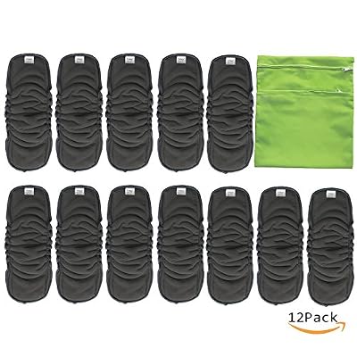 Vlokup Bébé Tissu Diaper Inserts, Charbon de bambou doublures inserts, 5 couches, Super Eau absorbant, antibactérien Réutilisables avec Gussets (Pack of 12)