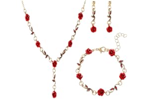 BZKSER 3 Piezas Joyería de Rosa Roja Collar - con Colgante Rosa Pulsera y Aretes, Conjunto de Joyería En Pendientes Prom Novia Fiesta Joyas Mujer para Boda San Valentín Fiesta de Cumpleaños Collar