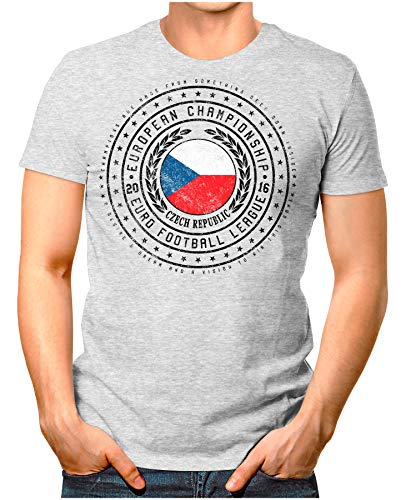 OM3® – Czech Republic – Herren T-Shirt Tschechien Wappen Fußball Trikot EM’16 WM Championship Vintage Grau Meliert 3XL
