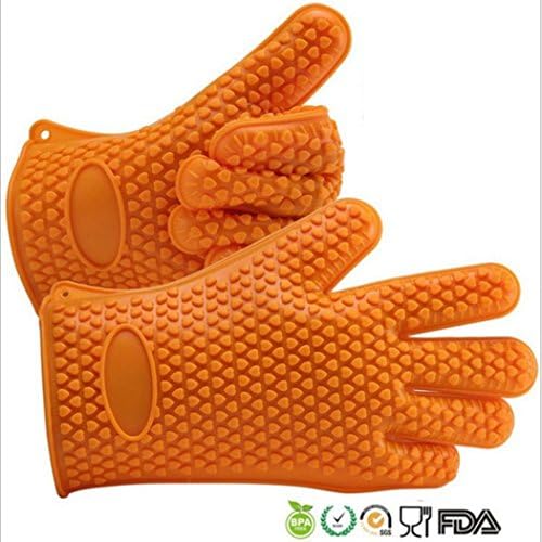 Pair of Silicone Gloves Heat Resistant with Fingers Waterproof Non Slip-Oven Mitts for Kitchen,Cooking,Baking,Grilling,Barbecue,Pothorder (Orange)