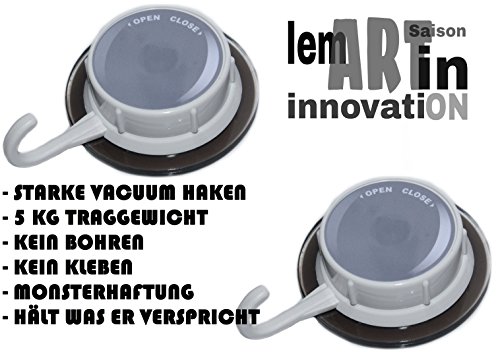 lemARTin Vacuum Haken 2er Set – Handtuch Haken, Garderoben Haken – Bis 5 KG- weiß/grau – vakuum Saughaken Badezimmer – Haken ohne bohren ohne Kleben – Hält Bombensicher - 9