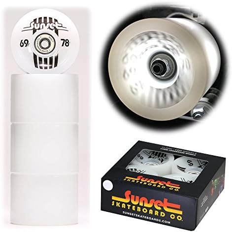 2017 Sunset Skateboards White 69mm Longboard LED Light-Up Wheels Set with ABEC-7 Carbon Steel Bearings (4-Pack)