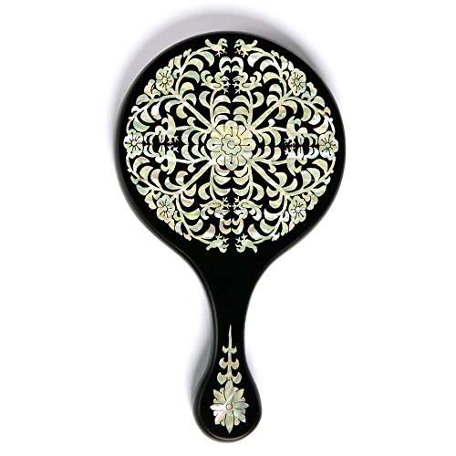- Inlay mit Perlmutt Blumen und Vogel Design Prinzessin Holz rund braun schwarz Kosmetik Make-up-Spiegel