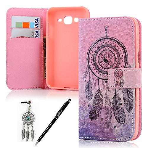 Hülle für Samsung Badalink J5 2015 UltraSlim Schutzhülle Leder PU Handyhülle Muster Rosa Lila Handytasche Wallet Case Ständer Handyhuelle Cover +Eingabestift+Staubstecker