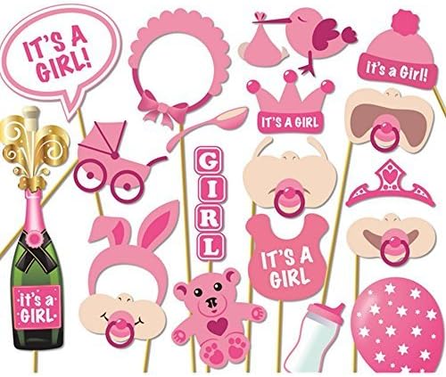 KLSS 19pcs Baby Shower Photo Props, Baby Bottle Masks Pink Photobooth Props Newborn Girl Gift Party Decorations