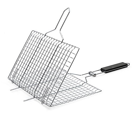 Panier Grillade Barbecue Antiadhésif 12,6 x 8,5 x 0,8 "Portable avec l’anse de bois Escamotable