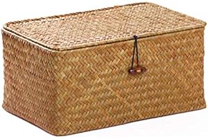 DOKOT Paniers de Rangement Jonc de Mer avec Couvercles Naturel Corbeille Osier (Petit 26cmx14cmx11cm H)