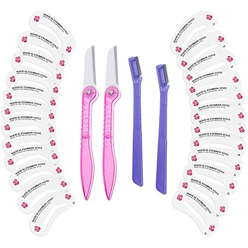 Lictin 4 Pcs Eyebrow Razor Trimmer Shaper Kit, Cheek Facial Hair Remover Women's Trimmer Shaving Grooming Kit with 24 Pcs Eyebrow Stencil Grooming Shaping Templates