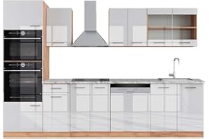 Vicco Mueble de Cocina R-Line, Blanco Brillo Intenso/Roble Dorado, 300 cm con Armario Alto, ET Mármol
