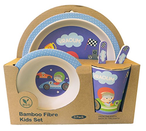 Vajilla de bambú bebé e Infantil, Material ecológico sin BPA. Varios Colores y Animales, Apto para lavavajillas (Coche Carreras)