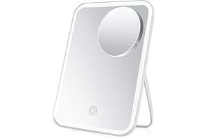 GOSCIEN Makeup Mirror, Travel Mirror with LED Lighted Touch Screen Adjustable Light Brightness, Travel Vanity Mirror Portable with USB Charging, with Ten Times Magnification, Adjustable Standing Angle Mirror