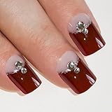 Bling Art False Nails French Manicure Red Brown Crystal Full Cover Medium Tip UK