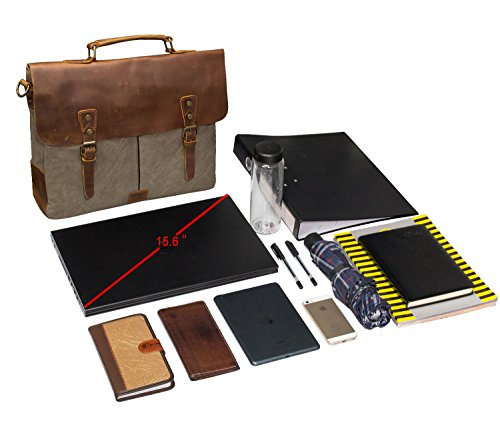 Estarer Vintage Leder Canvas Umhängetasche Laptop Tasche 15,6 Zoll Schultertasche Armee Grün - 2