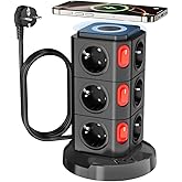 Vetech Akım Korumalı Priz Kule Tipi Kablosuz Şarj İstasyonu 12x Priz, 2x Type-C, 1x USB Girişli 2mt Kablo