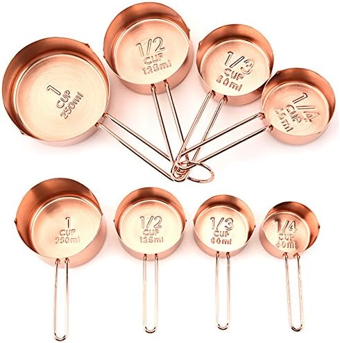 Copper Stainless Steel Measuring Cups and Spoons set of 8 Engraved Measurements, Pouring Spouts &amp; Mirror Polished for Baking and Cooking - 60ml 80ml 125ml 250 ml